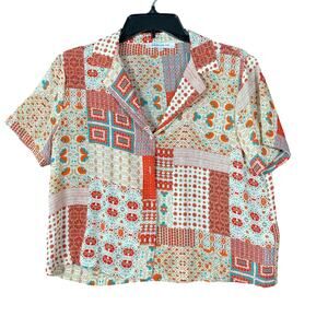 Rose & Olive Womens Shirt Multicolored Geometric Button Down Crop Small